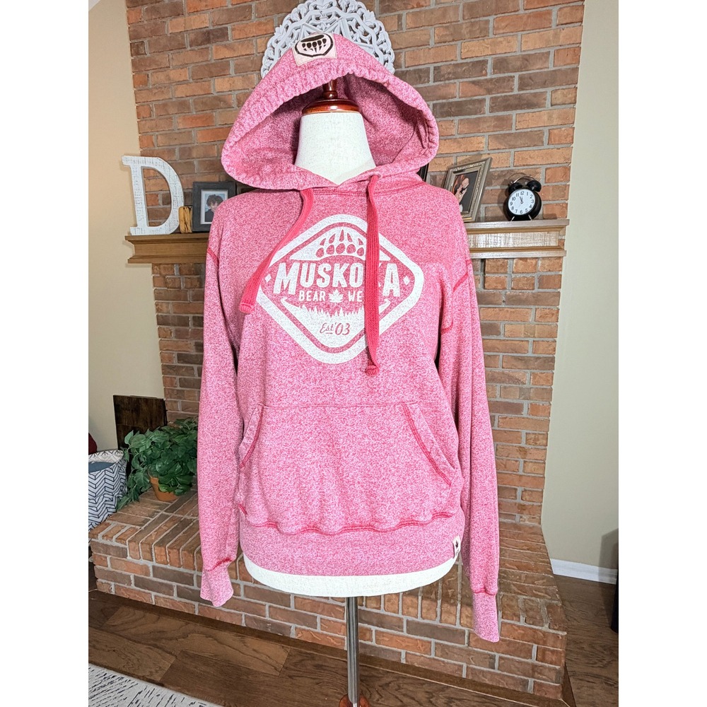 Muskoka Bear Wear Hoodie Women Red Heathered Graphic Logo Pullover Size M